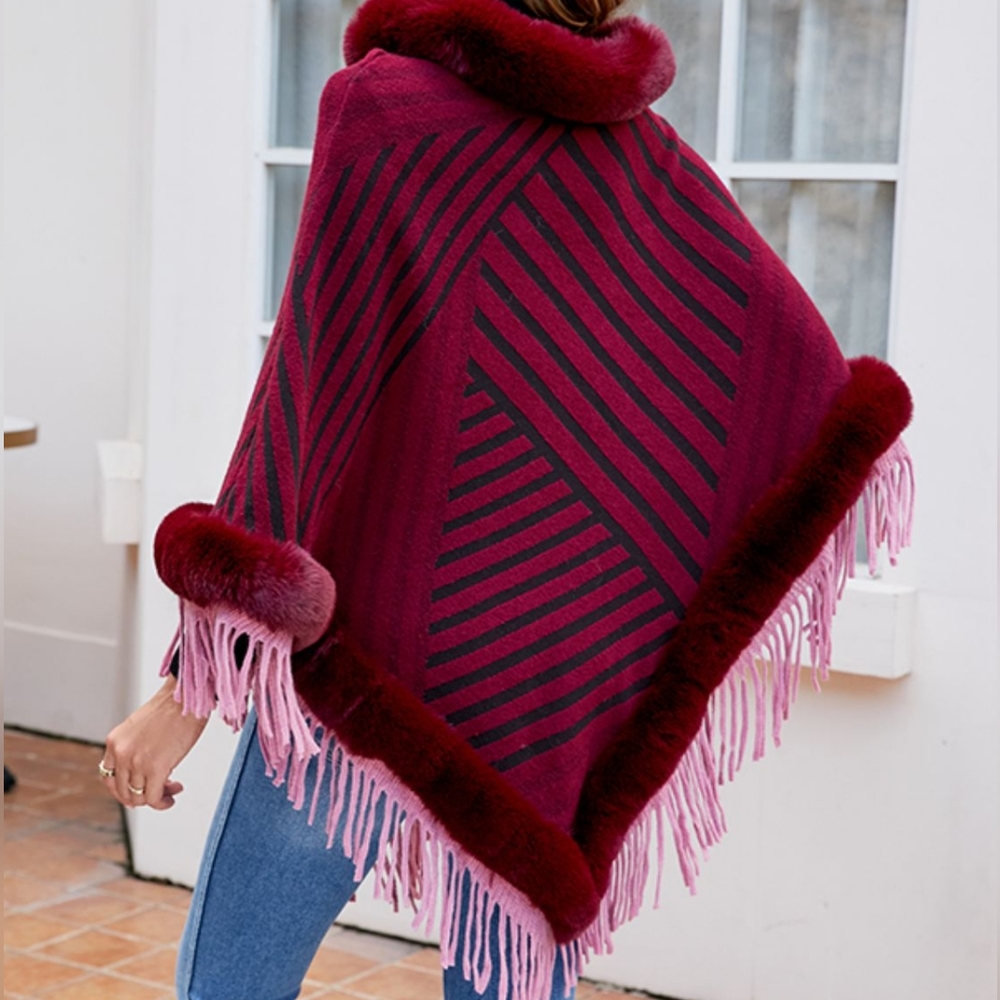 Plush Faux Fur Retro Fringe Stripe Pullover Oversized Warm Knit Poncho Cardigan - Picture 6 of 14
